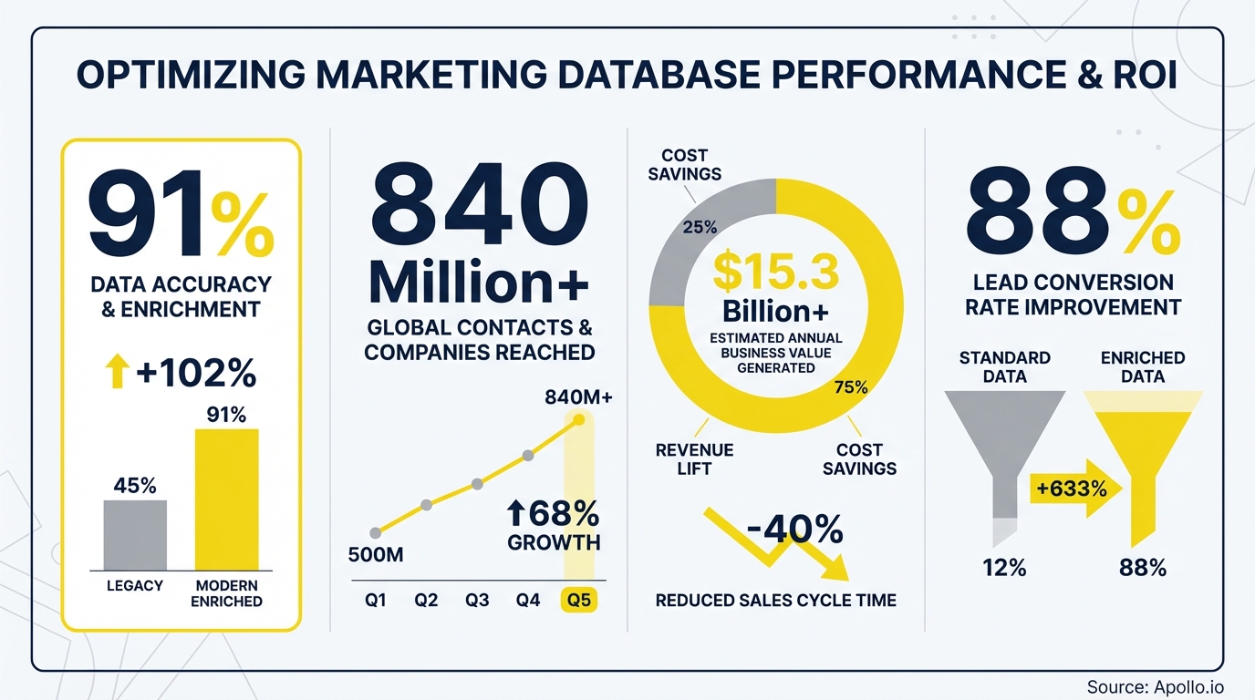 Infographic displaying marketing database performance metrics and return on investment with various charts.