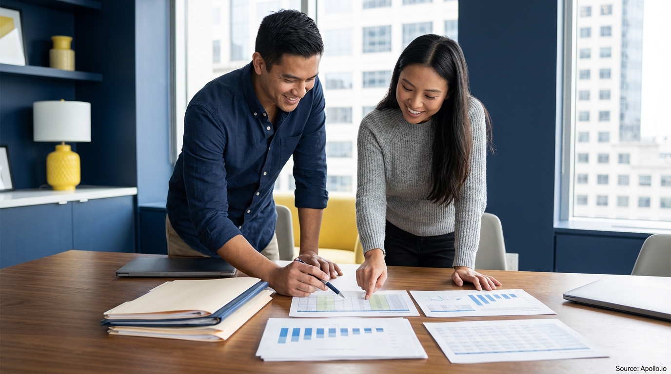 Two smiling colleagues point at charts and documents on a table in a modern office.