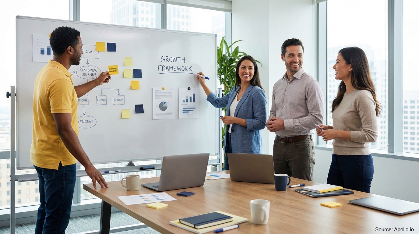 Team having a focused discussion around a meeting table in a modern workplace