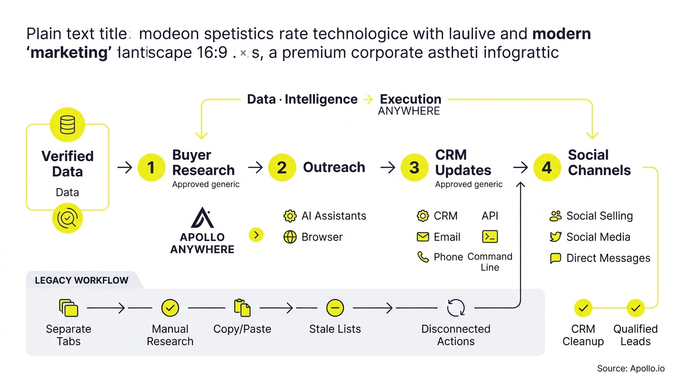 Infographic comparing a streamlined four-step marketing workflow against a fragmented manual legacy process with yellow icons.