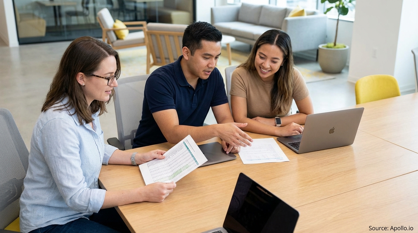 Three colleagues review data sheets and laptops at a bright office table.