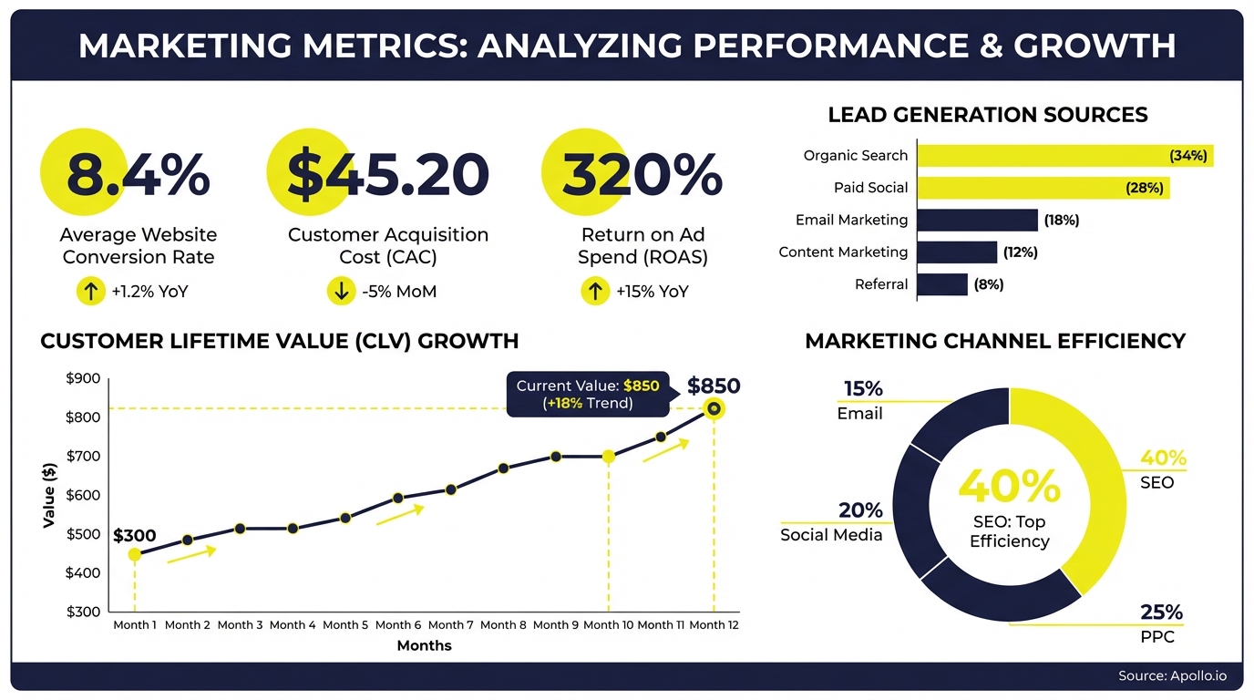 Dashboard with multiple charts illustrating marketing performance and growth metrics.