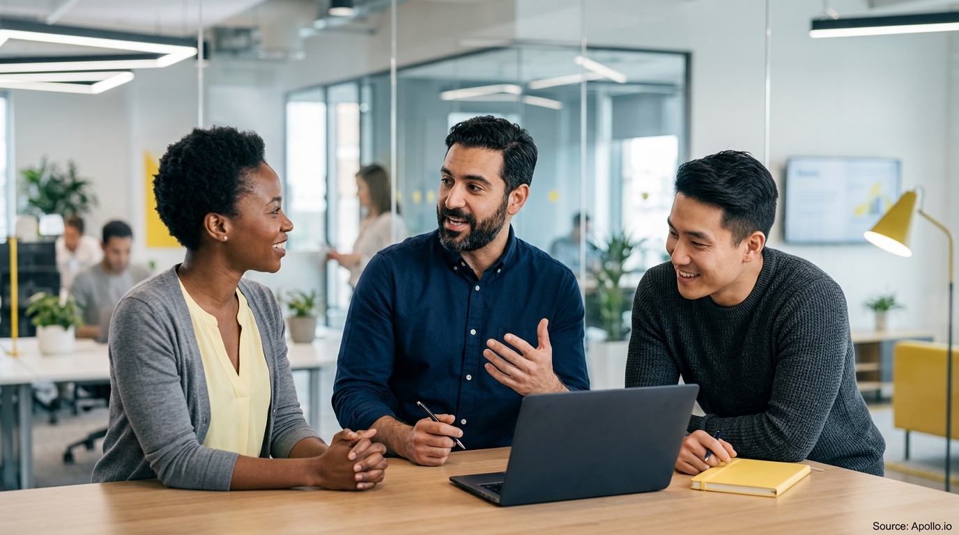 Three diverse professionals collaborating around a laptop in a bright, modern open-plan office.