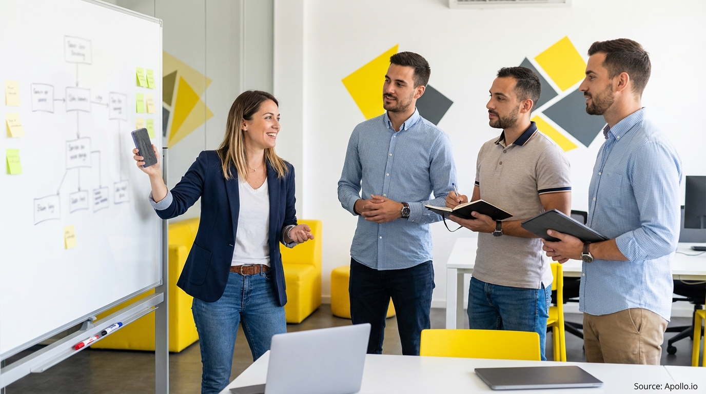 Professional working in a modern corporate office space in a team planning session