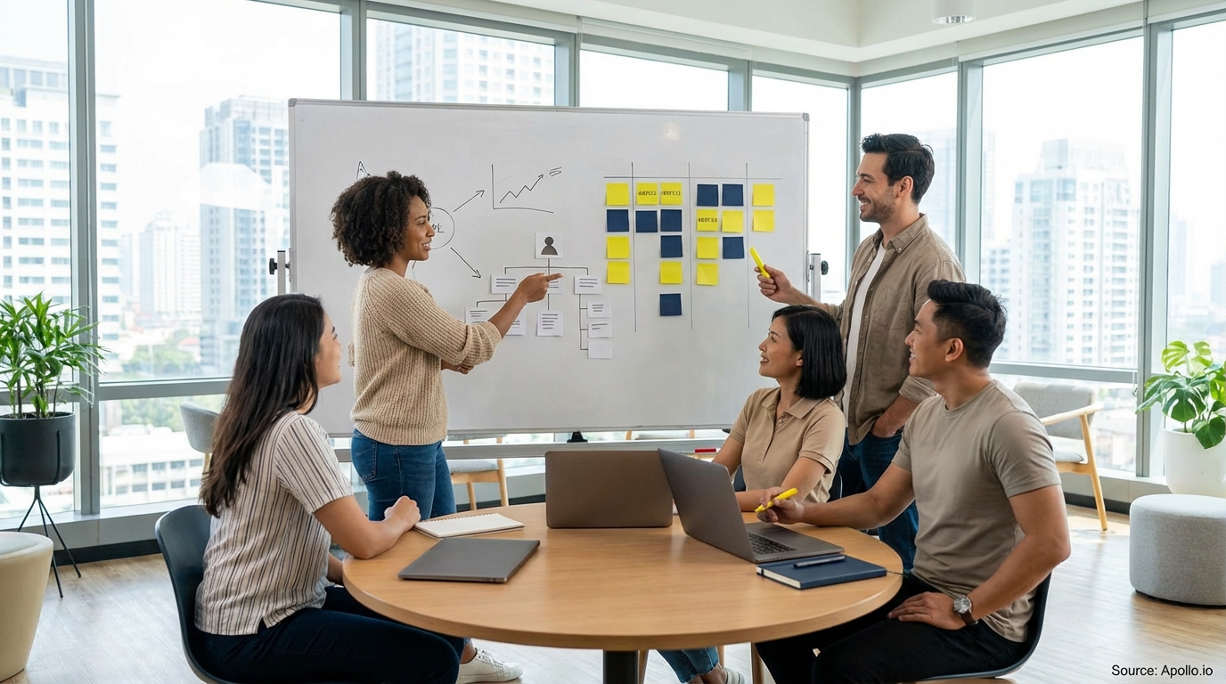 Team having a focused discussion around a meeting table in a team planning session