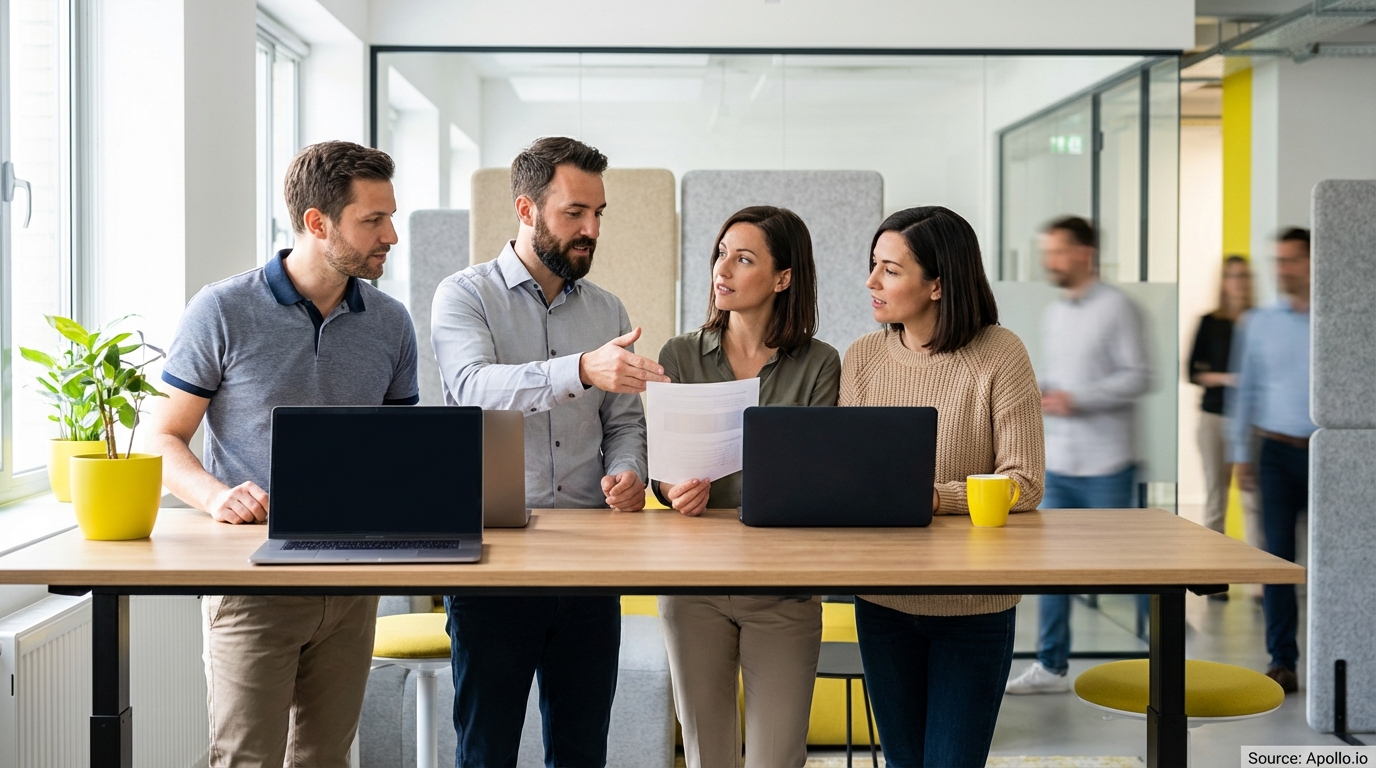 Sales team collaborating in a modern open-plan office in a sales team meeting