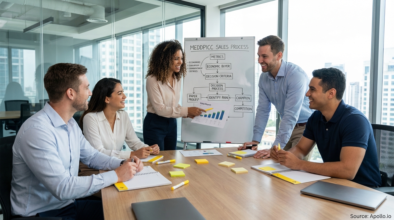 Sales professionals discussing strategy around a conference table in a sales team meeting