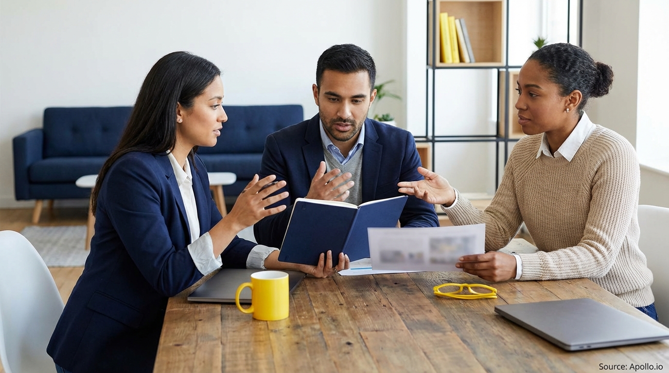Three professionals discussing at a modern office table, one with a notebook.