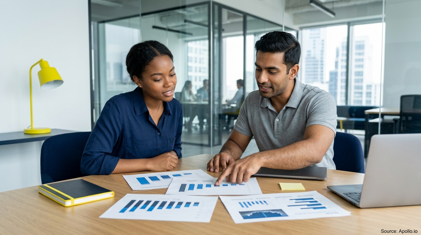 Two professionals analyze printed data charts and reports at a wooden table in a modern office.
