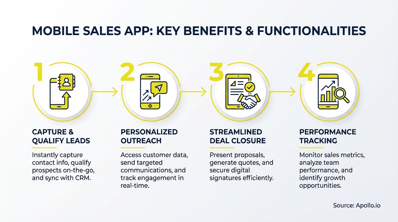 A four-step diagram illustrating key benefits and functionalities of a mobile sales app with icons.