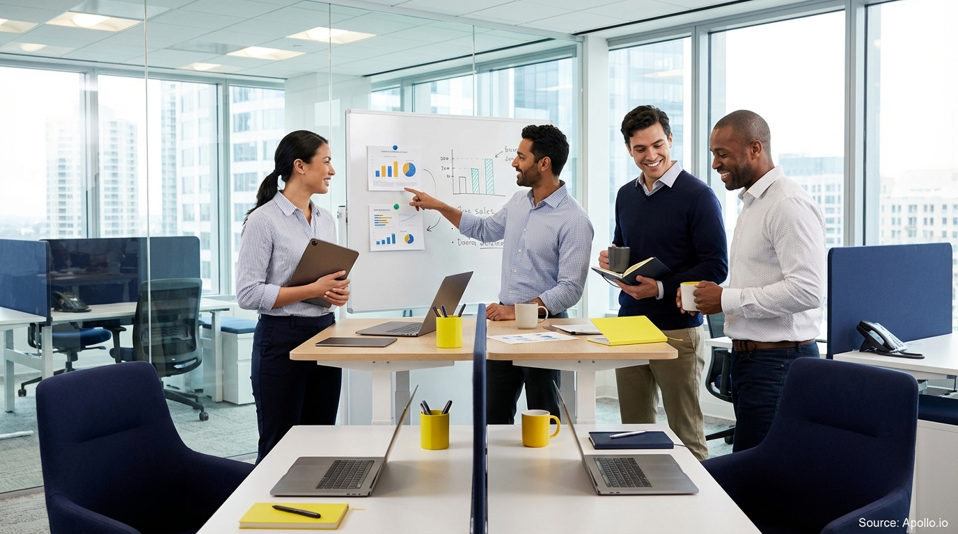 Sales team collaborating in a modern open-plan office evaluating sales technology options