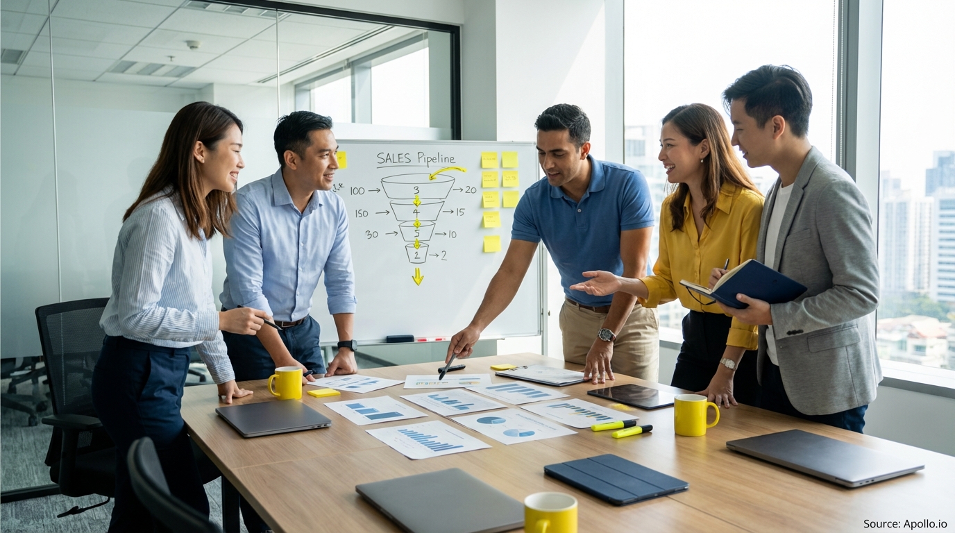 Sales professionals discussing strategy around a conference table evaluating sales technology options