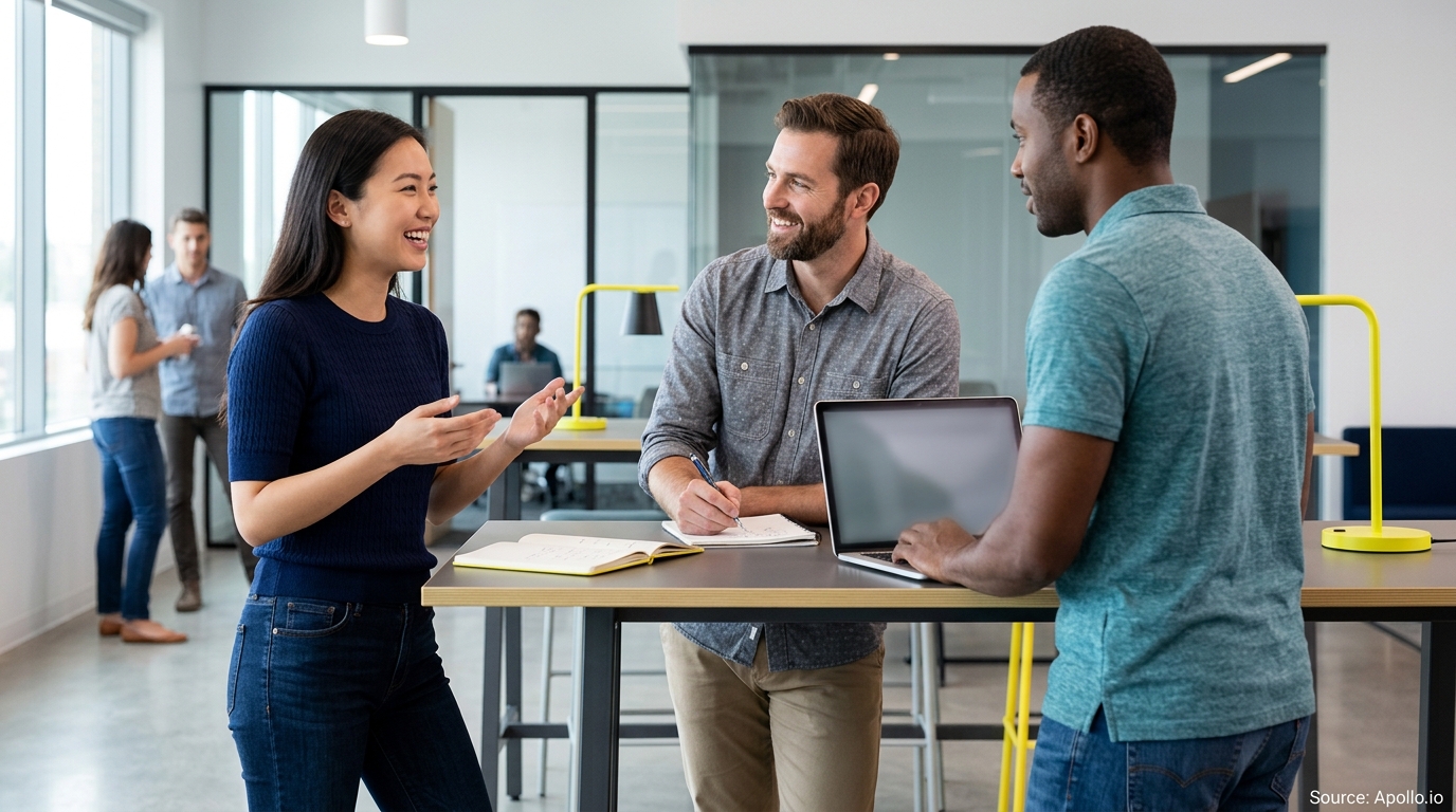 Three professionals collaborate around a high table with a laptop and notebook in a bright, modern office.