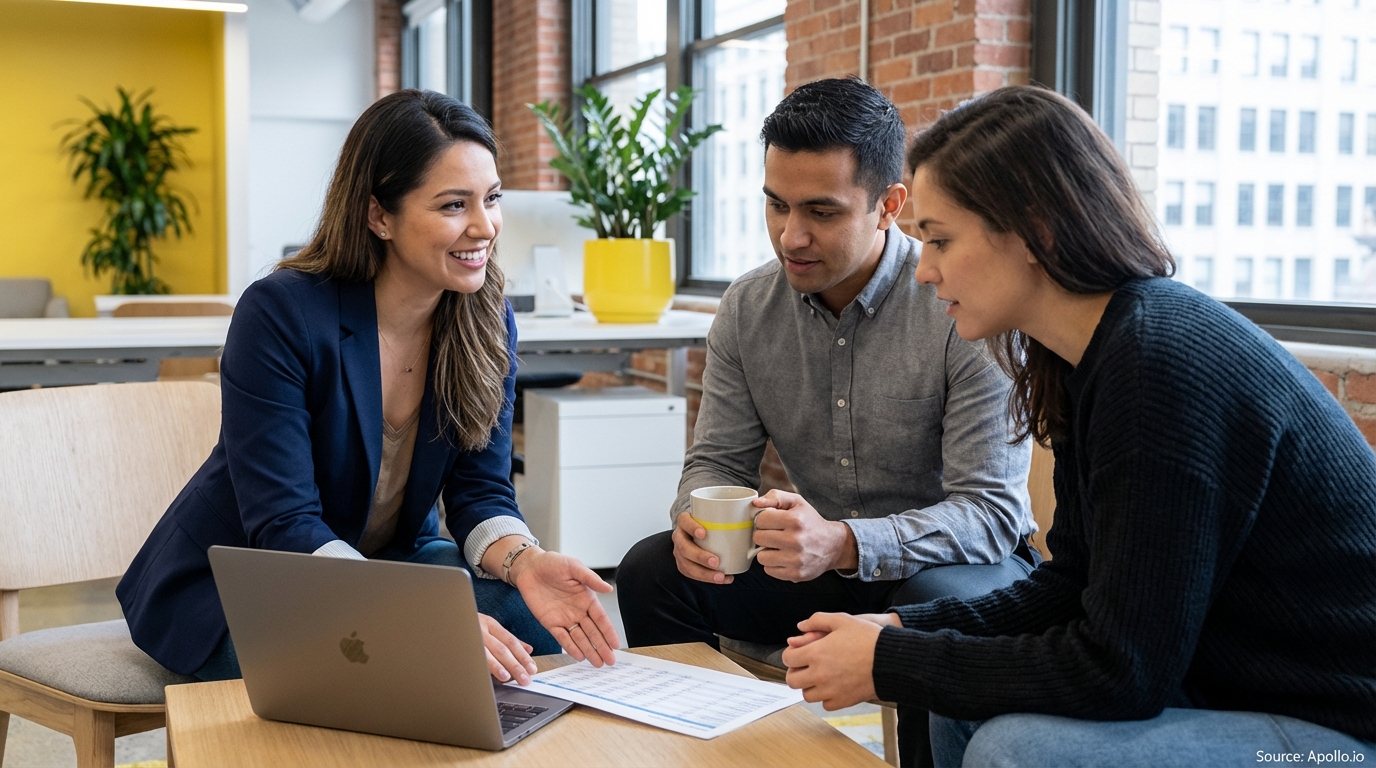 Three diverse professionals discuss documents and laptop at a modern office table.