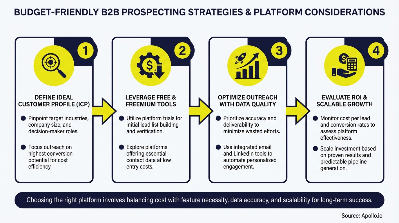 Four-step infographic showing budget-friendly B2B prospecting strategies and platform considerations.