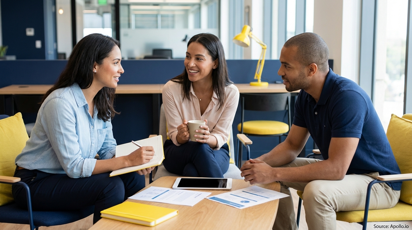 Three colleagues conversing around a table in a modern office.