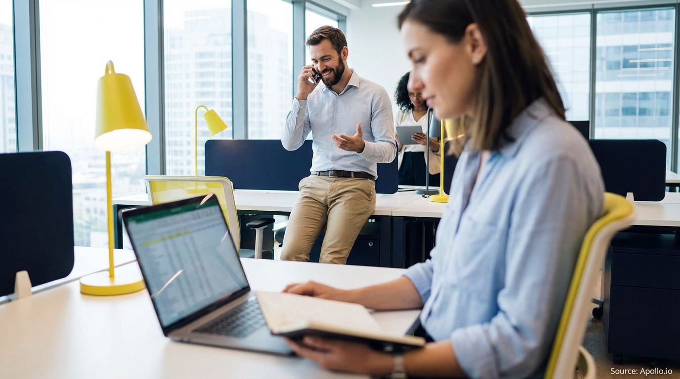 Three people work in a modern office; one on a laptop, one on a phone, another on a tablet.
