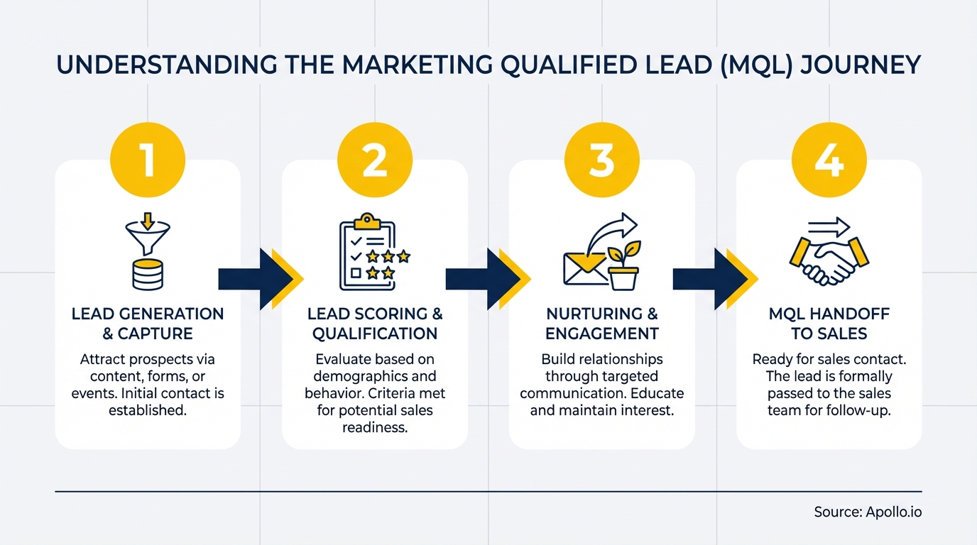 Infographic outlining the four-stage Marketing Qualified Lead (MQL) journey with icons.