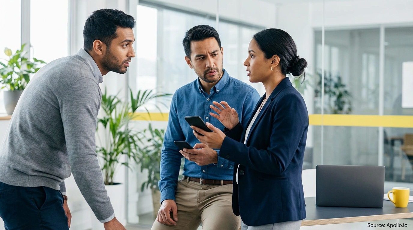 A woman shows a phone to two men, talking in a modern office.