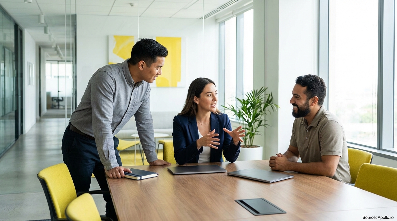 Three professionals discuss at a modern office table with laptops and yellow chairs.