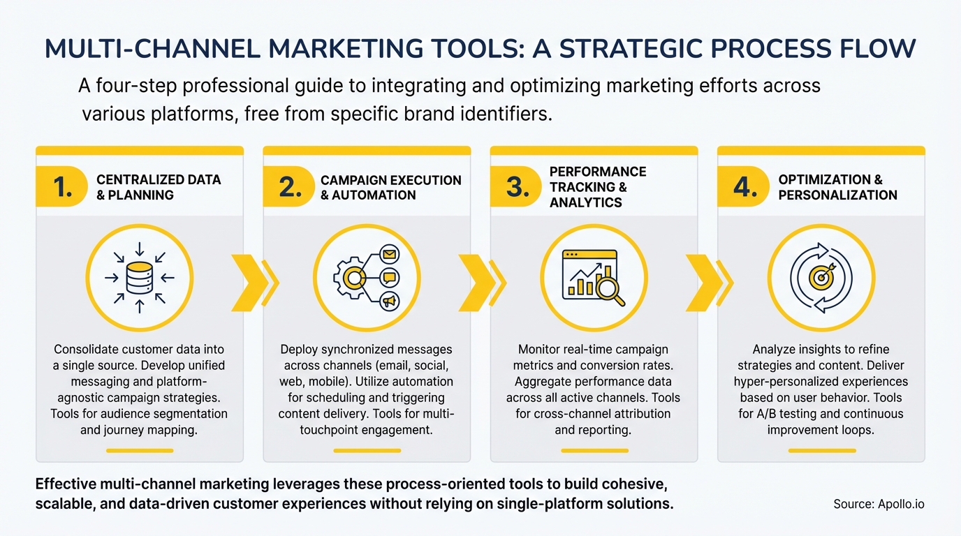 Four-step strategic process flow for multi-channel marketing tools with illustrative icons.