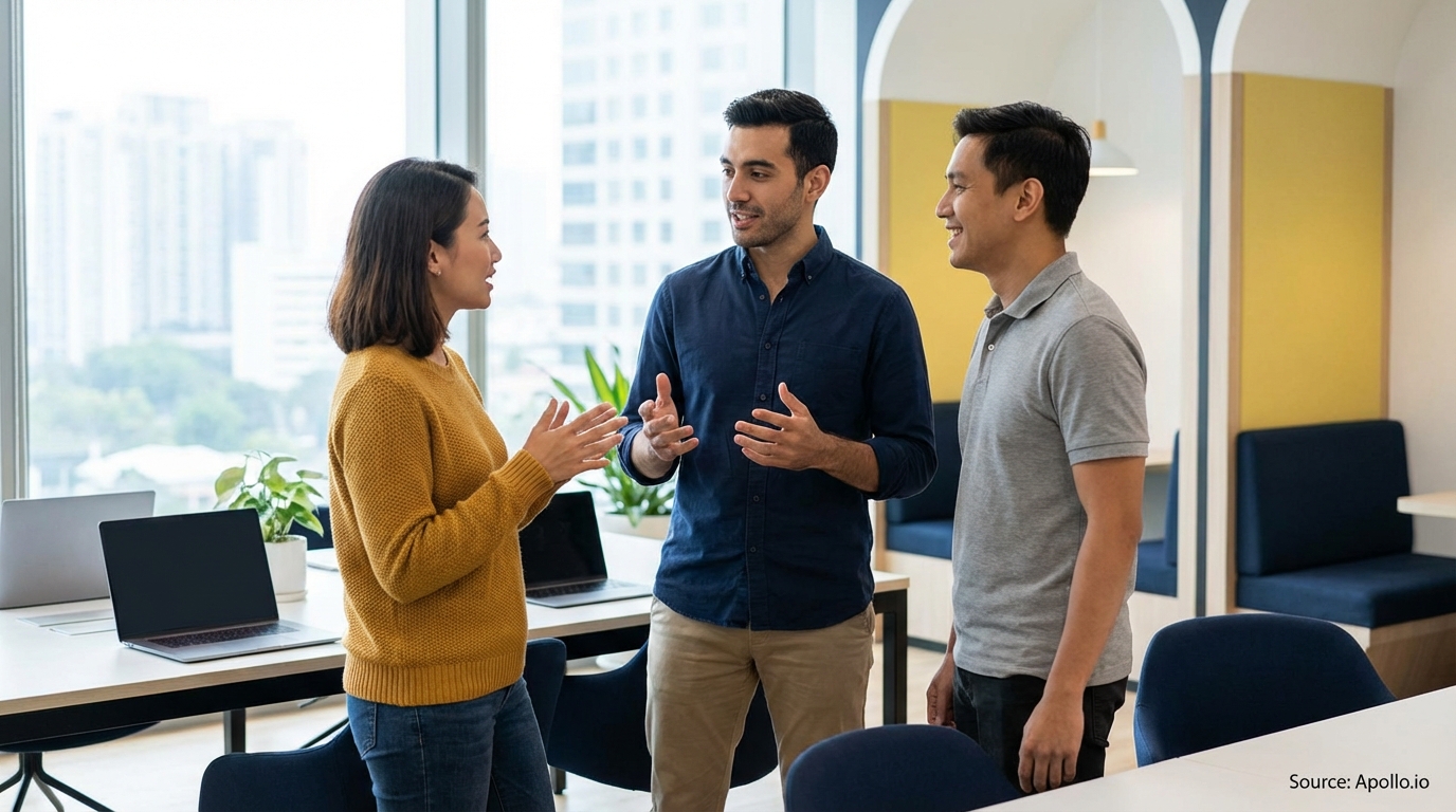 Three professionals discussing in a bright, modern office with laptops and city view.