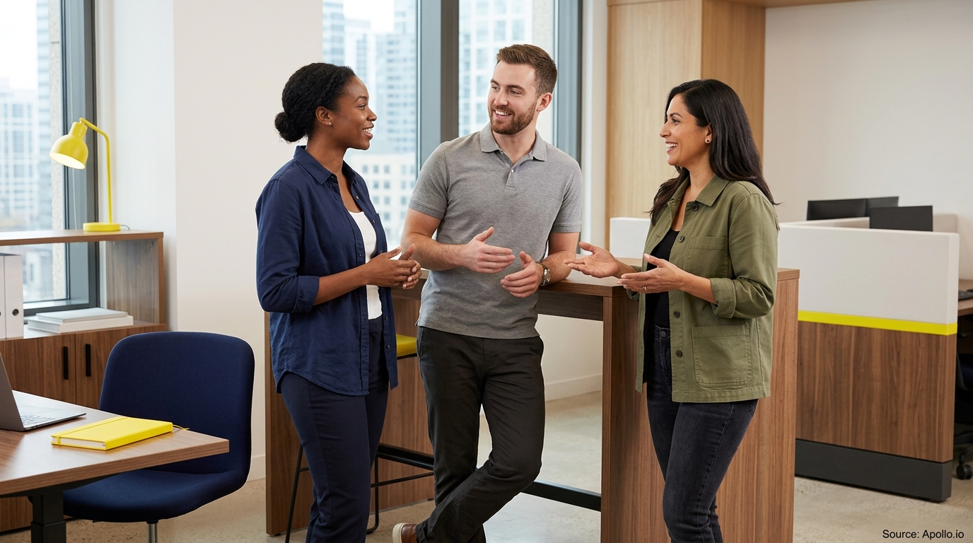 Three diverse professionals talk and smile together in a bright, modern office space.