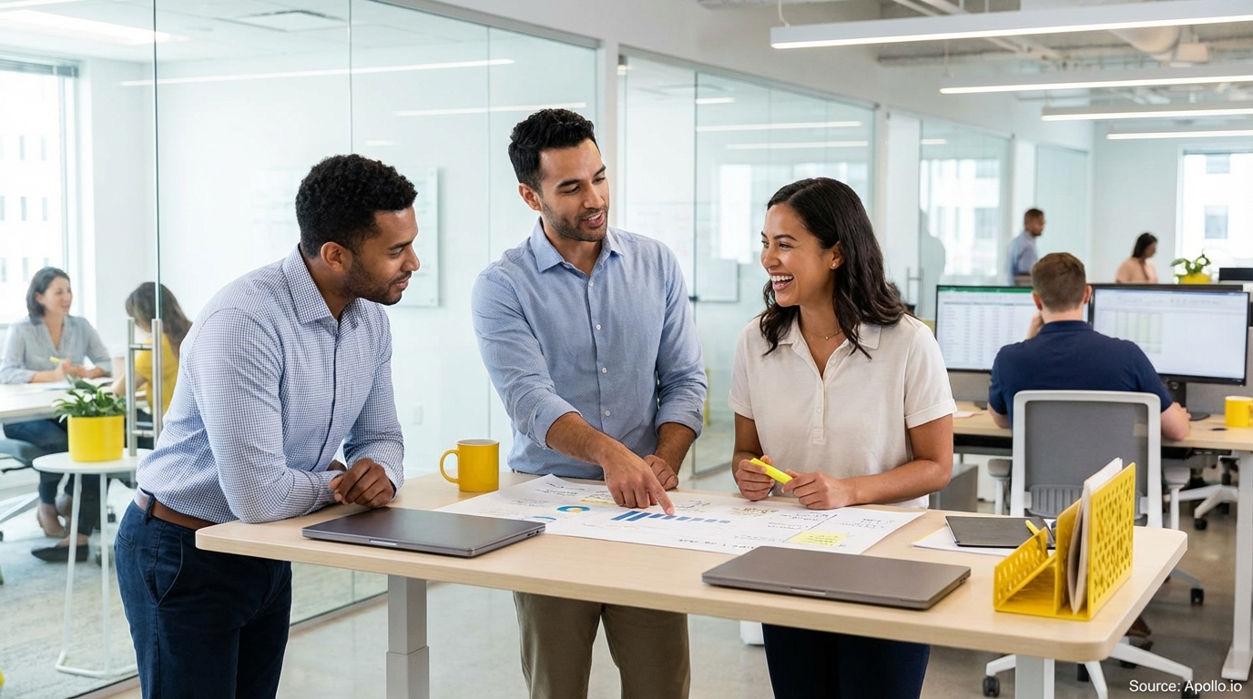 Sales team collaborating in a modern open-plan office in a sales team meeting