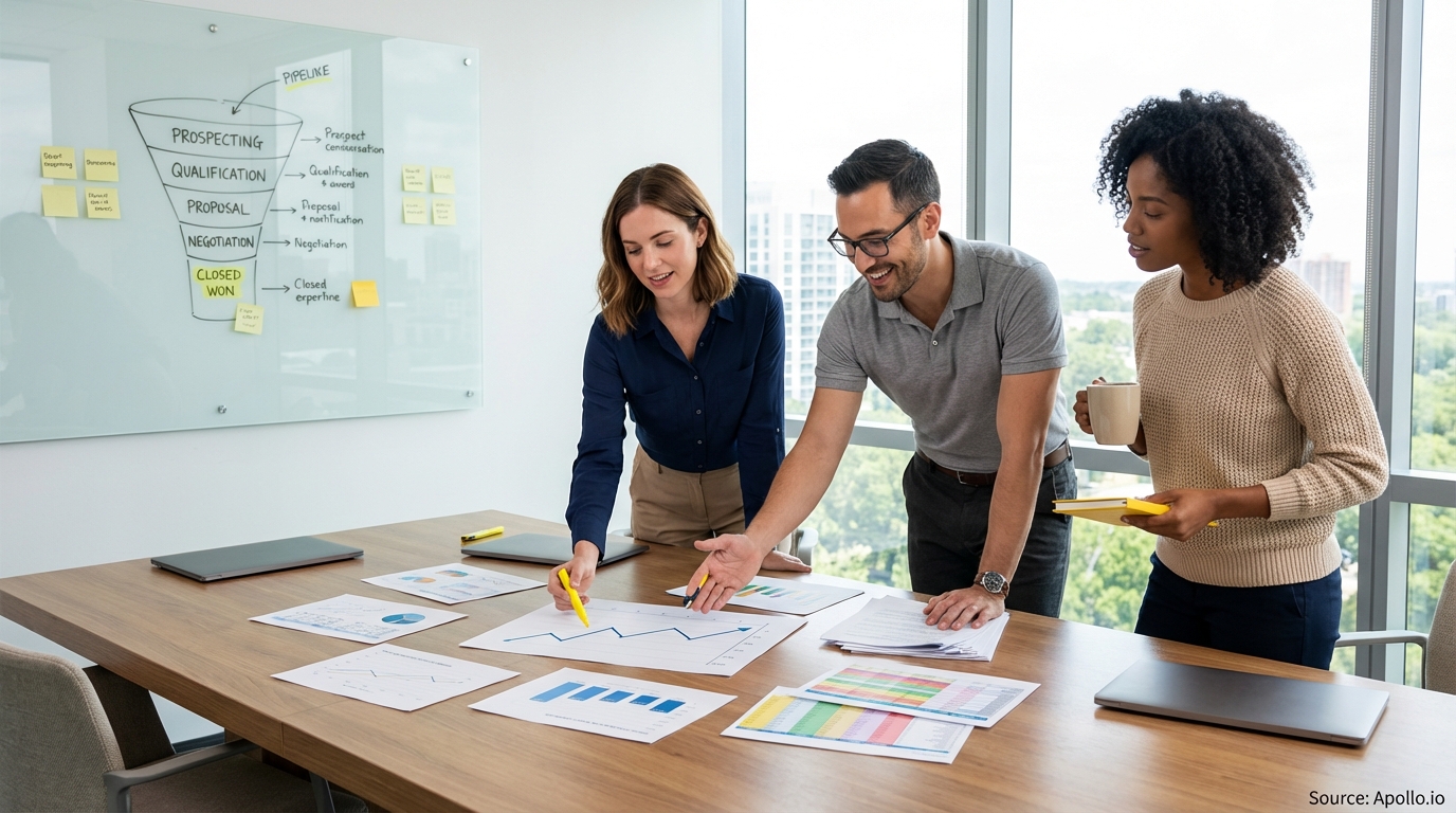 Sales professionals discussing strategy around a conference table in a sales team meeting