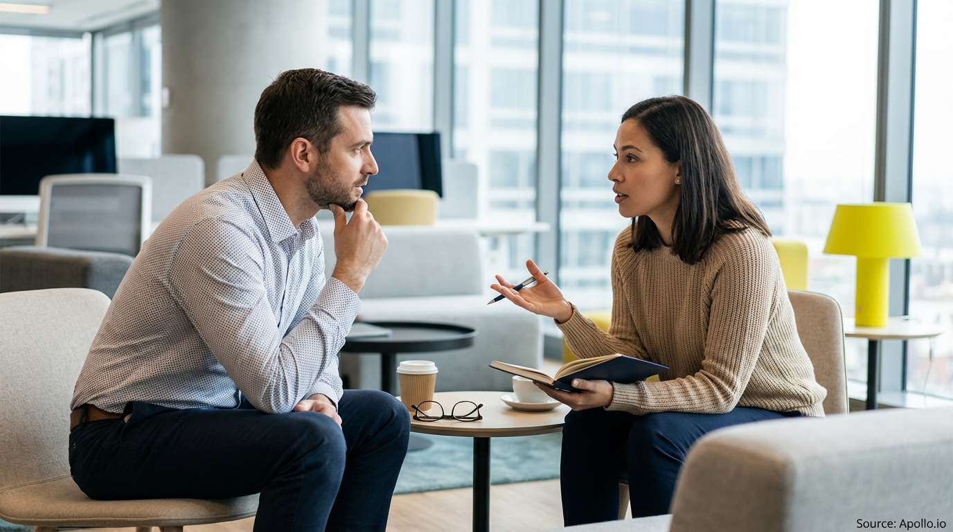 Two colleagues discuss in a modern office lounge, one gestures and the other listens.