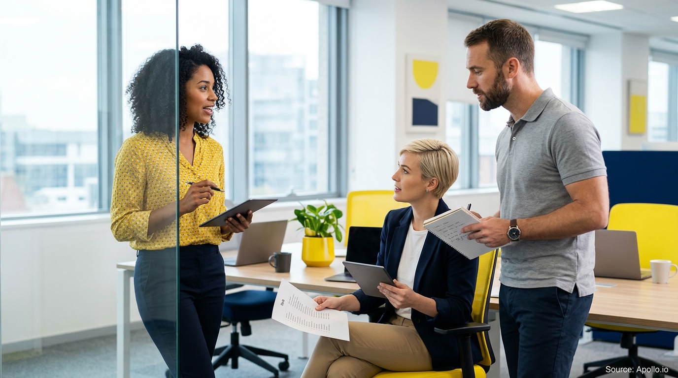 Three professionals collaborate in a modern office, reviewing data on tablets and notebooks to organize their information.