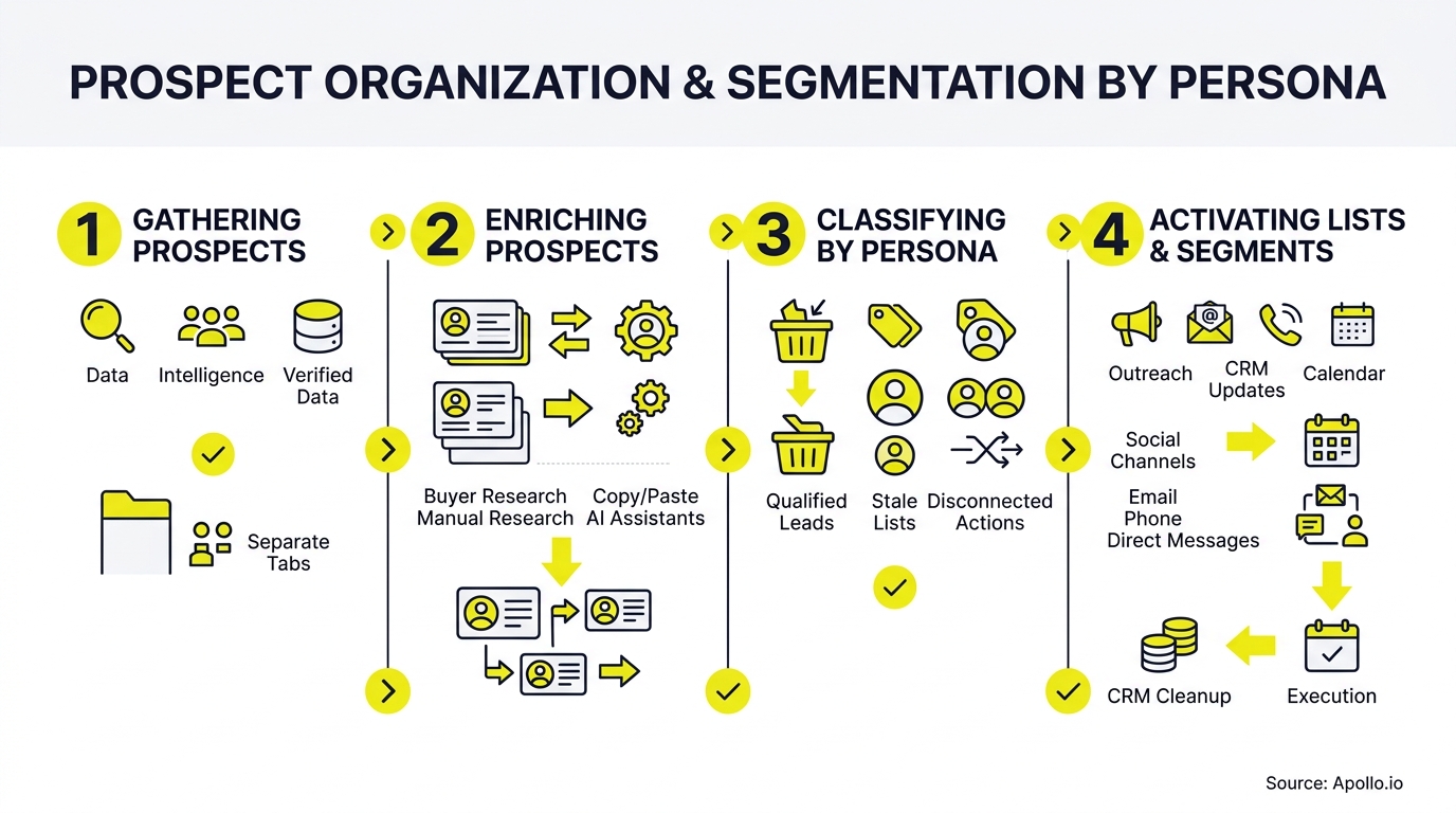 organize my prospects into labeled lists and segments by persona infographic, key steps and actionable takeaways