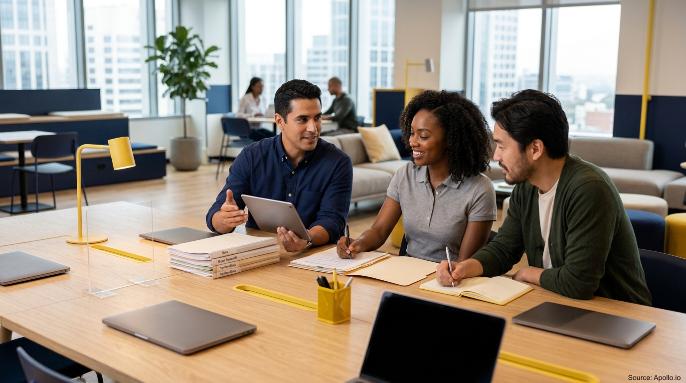 Three professionals review labeled folders and a tablet at a large table in a modern office.