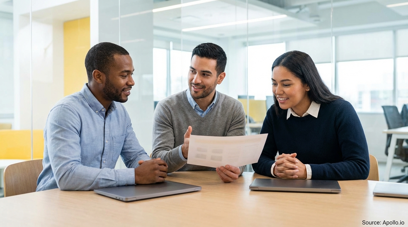 Three colleagues are discussing a document at a modern office table with laptops.