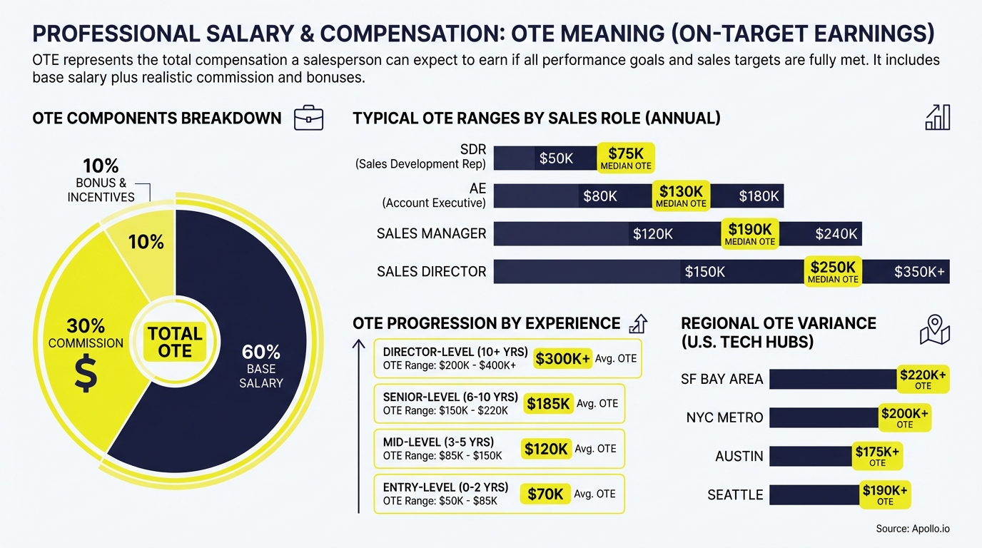 Infographic with pie and bar charts detailing On-Target Earnings (OTE) breakdown and ranges.