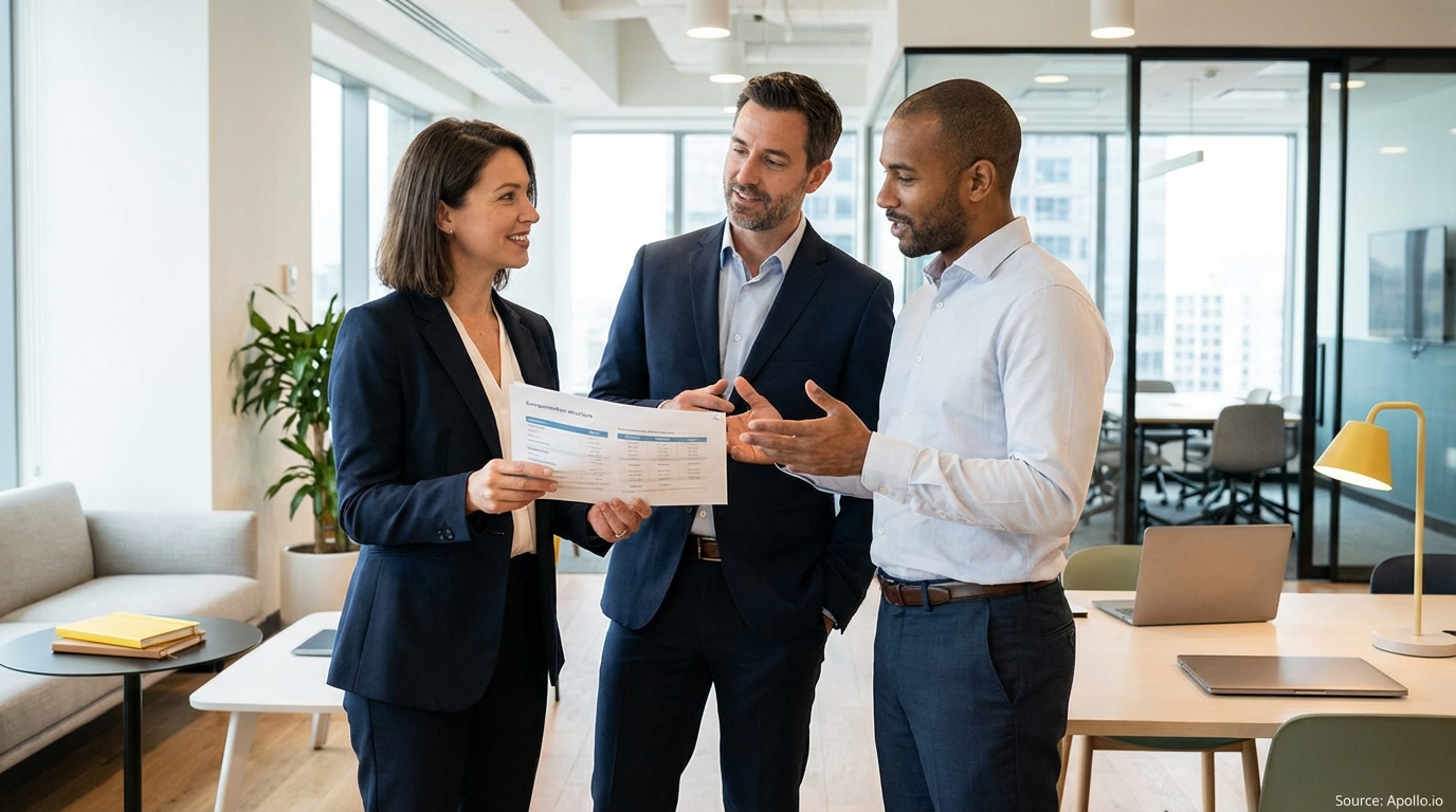 Three diverse professionals discuss a document in a bright, modern office.