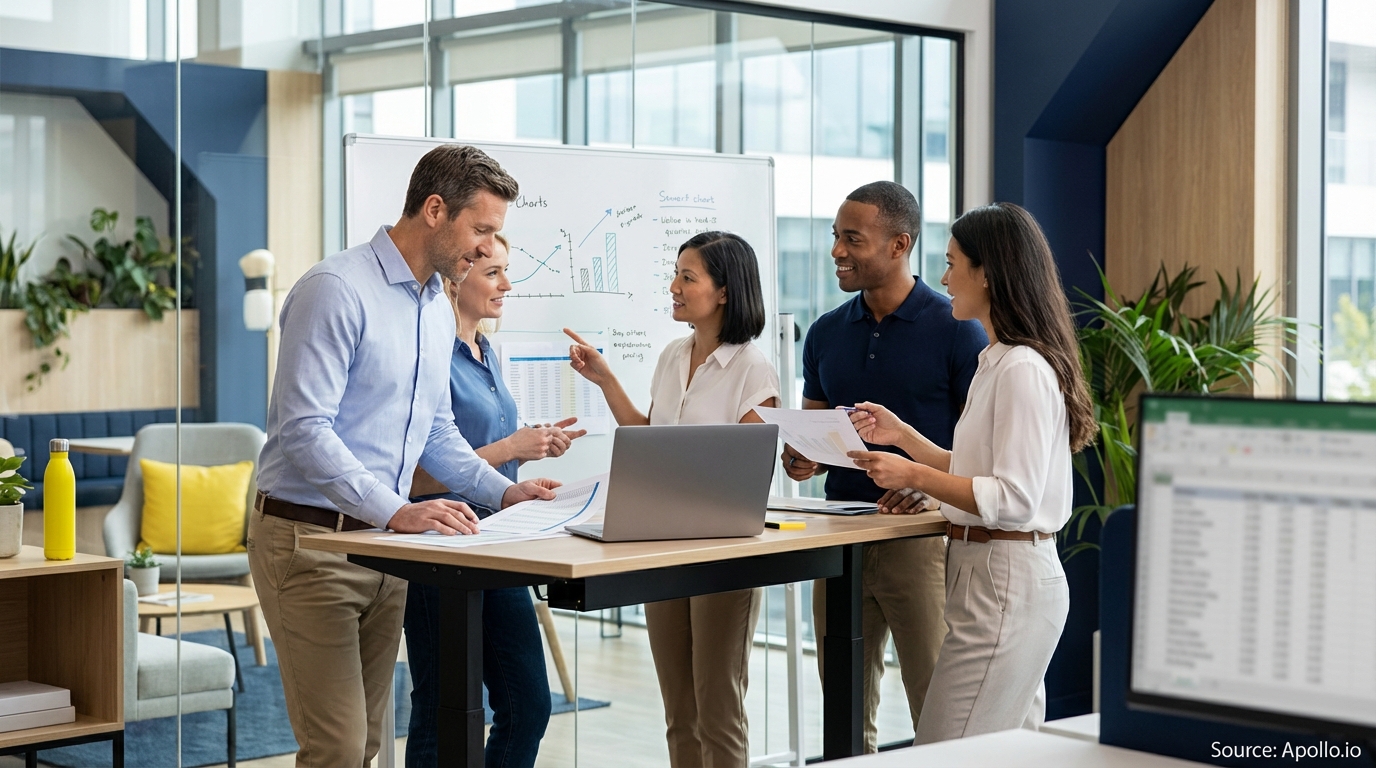 Sales team collaborating in a modern open-plan office in a sales team meeting