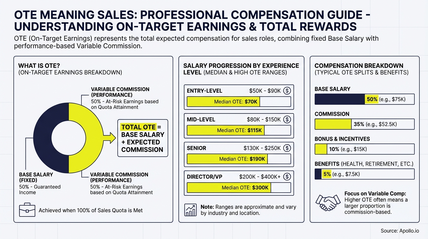 Infographic showing sales professional salary ranges and compensation breakdown by experience level
