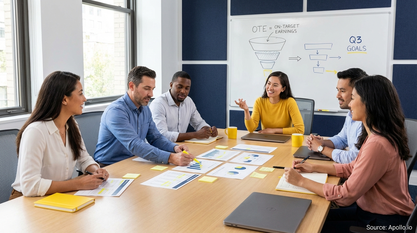 Sales professionals discussing strategy around a conference table in a sales team meeting