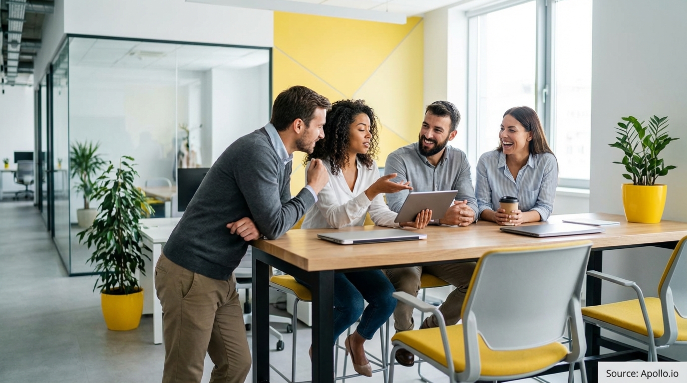 Four diverse colleagues happily collaborate around a tablet at a modern office table.