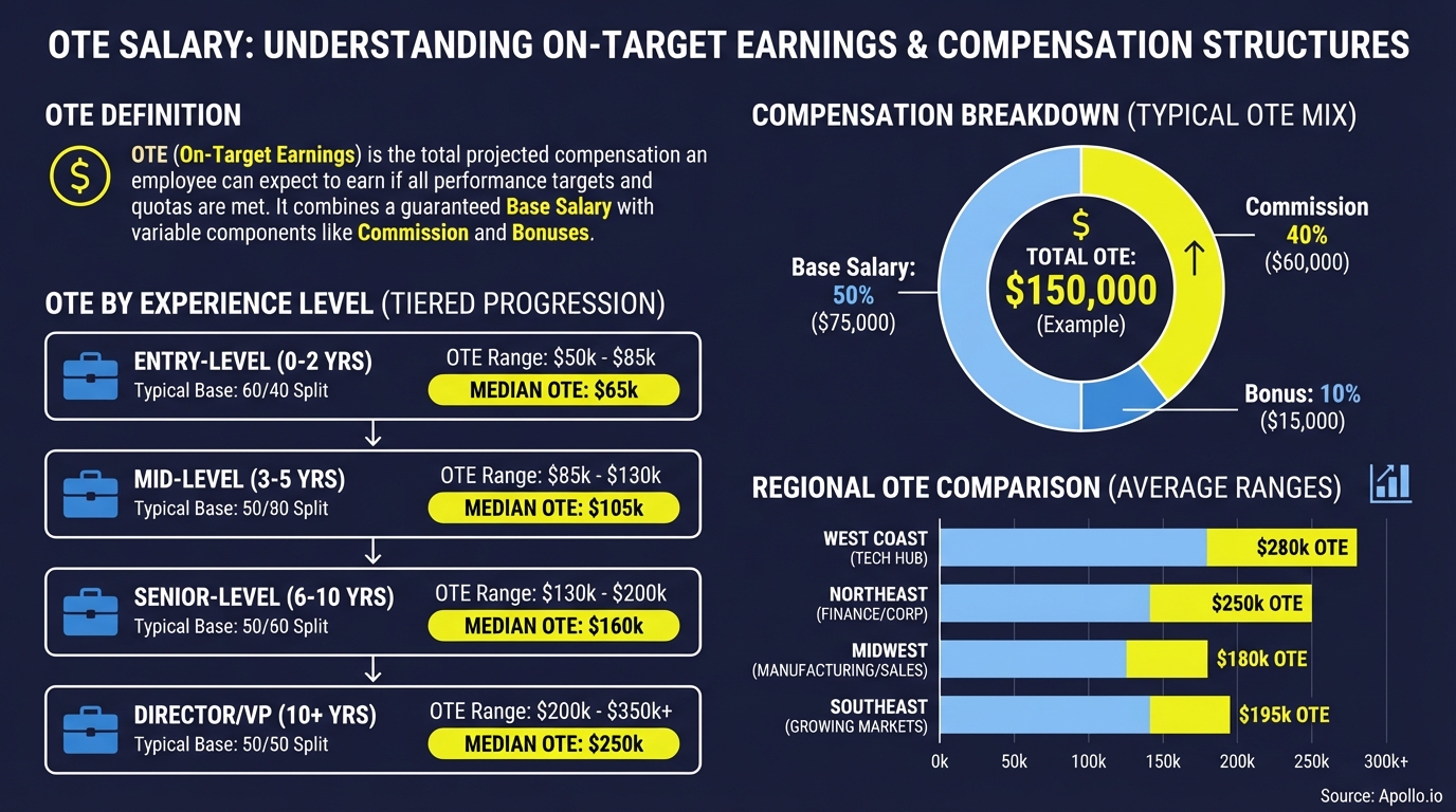 Infographic details On-Target Earnings (OTE) salary breakdown, experience level ranges, and regional comparisons.