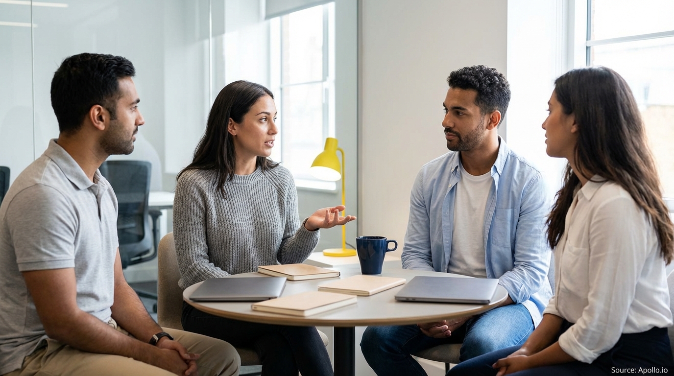 Four professionals discuss at a modern office table with laptops and notebooks.