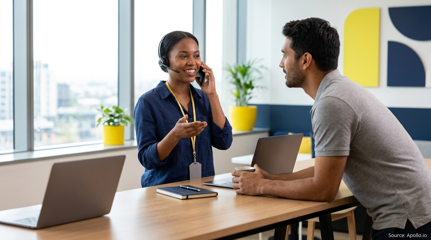 Two people in a bright office; a woman using a headset and phone gestures to a man.