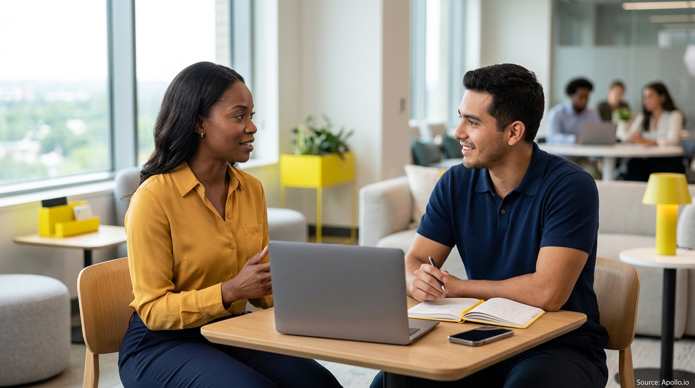 Two professionals collaborate at a small table with a laptop and notebook in a bright, modern office.