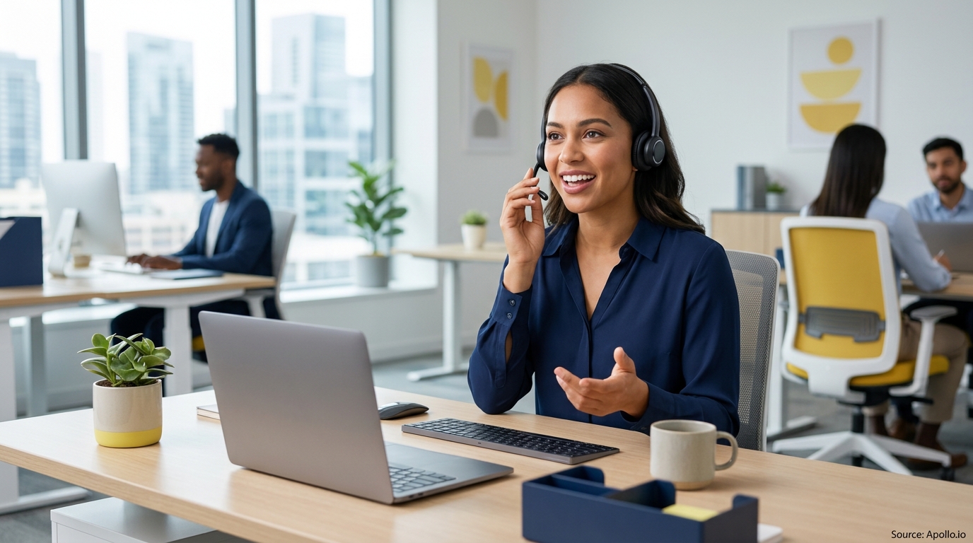 A woman wearing a headset talks at her desk while three colleagues work in a bright, modern office.