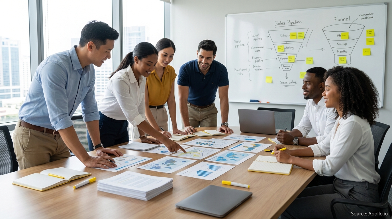 Sales professionals discussing strategy around a conference table in a sales team meeting