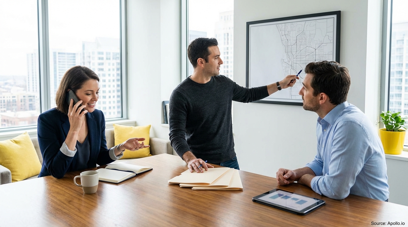 Three professionals meet in a bright office, reviewing a map and data on a tablet.