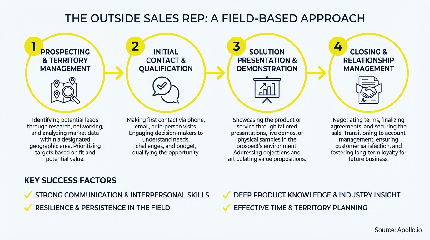 Infographic detailing a field-based, four-step sales approach with icons and success factors.