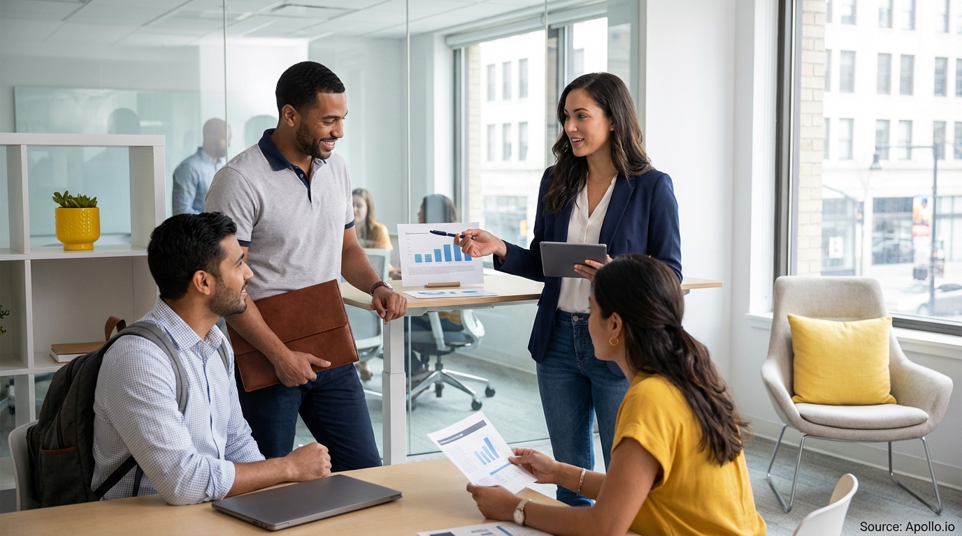 Sales team collaborating in a modern open-plan office in a sales team meeting