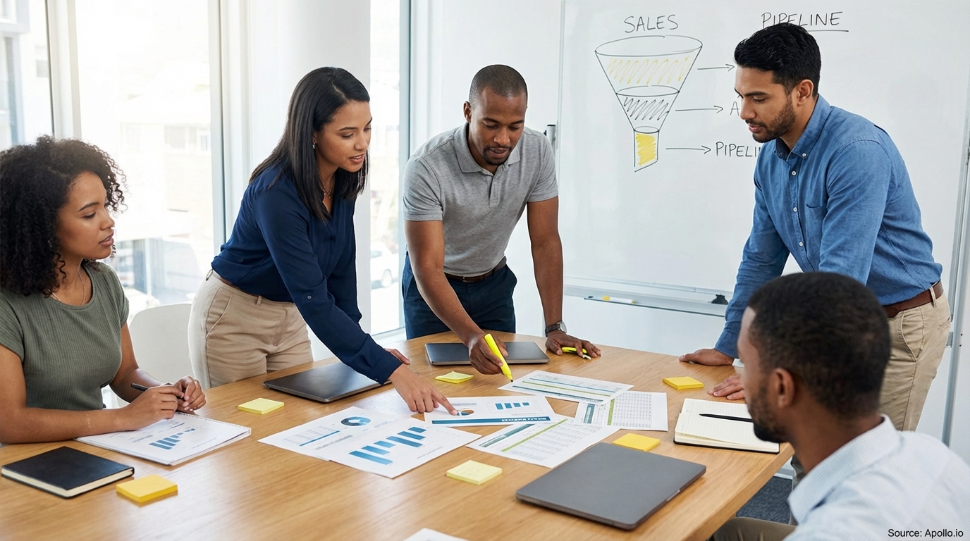 Sales professionals discussing strategy around a conference table in a sales team meeting